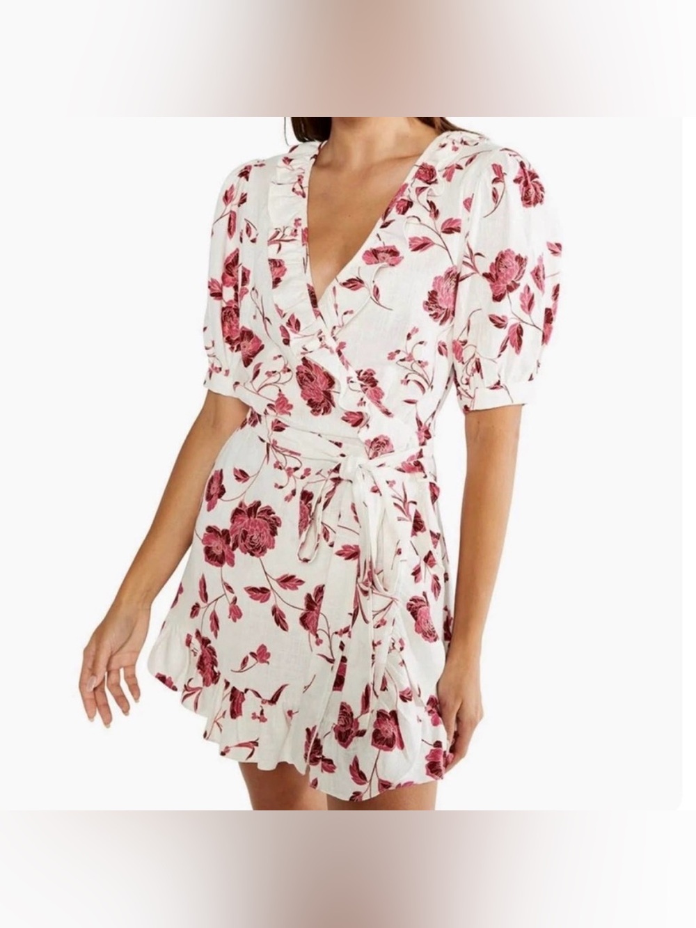 Misa Los Angeles Ivory Wrap Mini Dress with Rose Print